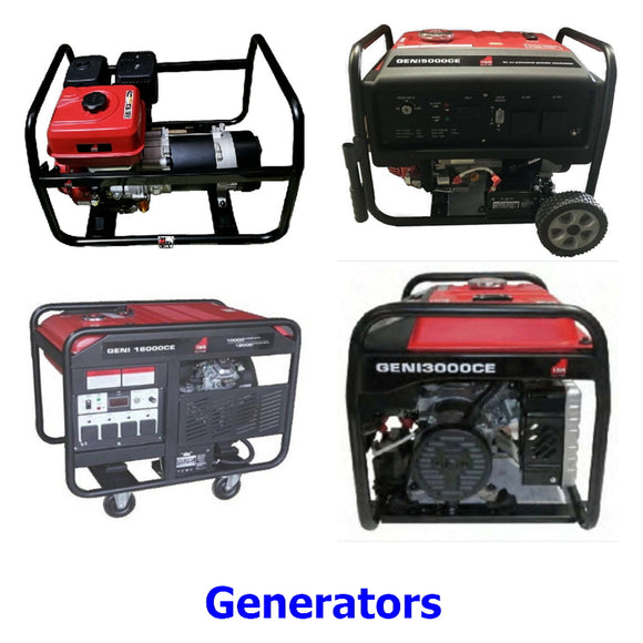 Generators. A collection of quality Millers Falls TWM 4 stroke petrol engine electricity generators for power when you need it off the grid or in case of power failure.
