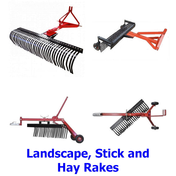 Landscape, Stick and Hay Rakes. A collection of quality Millers Falls TWM landscape, stick and hay rakes. 3 Point Linkage or towable behind an ATV, quad bike, ride on mower 4x4 or other vehicle.