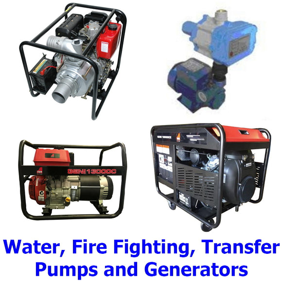Pumps & Generators. A collection of quality Millers Falls TWM generators and water transfer, fire fighting and pressure pumps for the farm, home owner or builder.