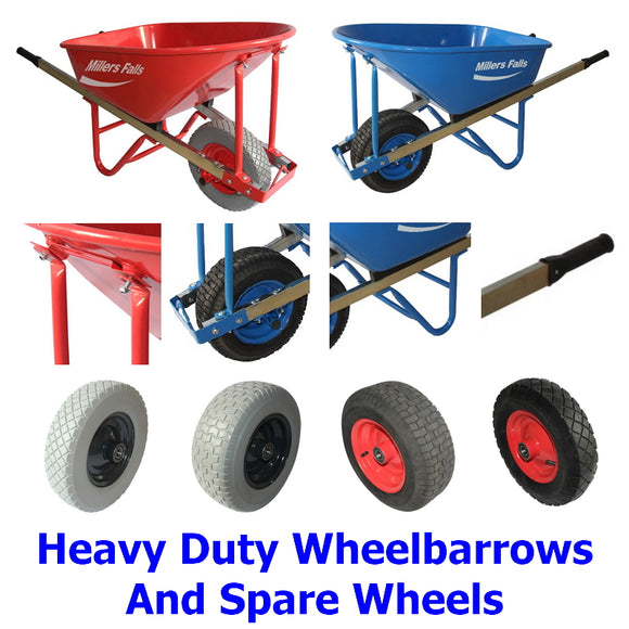 Builders Wheelbarrows. A collection of quality Millers Falls heavy duty wheelbarrows for building, gardening,  landscaping at home or at work.