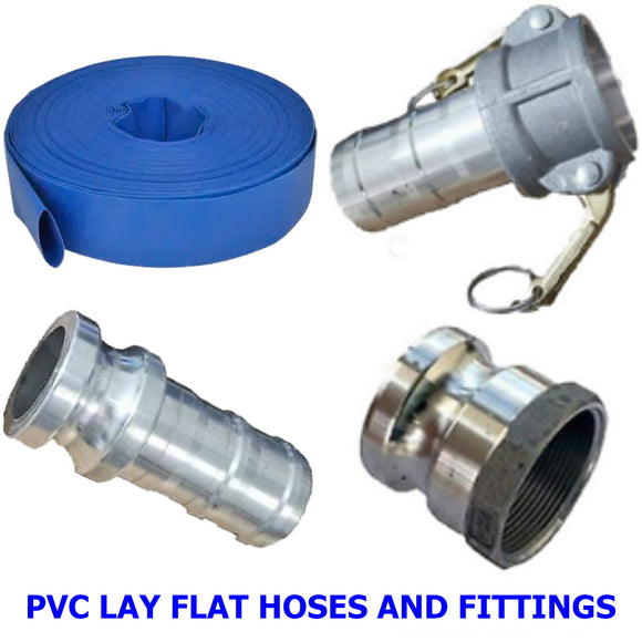 PVC Lay Flat Hoses And Fittings. A collection of quality Millers Falls TWM PVC Lay Flat Hoses and Camlock Fittings for Irrigation, Farming, Water Transfer, Fire Fighting , Disaster Recovery, Etc.