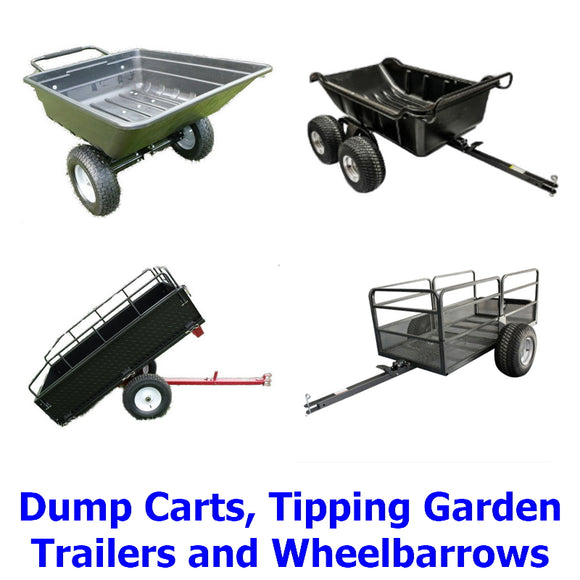 Dump Carts, Garden Tipping Trailers and Wheelbarrows. A collection of quality, versatile Millers Falls wheelbarrows, garden tipping trailers and dump carts for ATV's, rideon mowers, quadbikes and garden tractors, etc.
