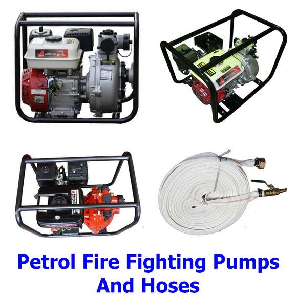 Petrol Engined Fire Fighting Pumps. A collection of petrol engined single and twin impeller firefighting pumps and hoses to protect your property.