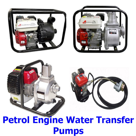 Petrol Engine Water Transfer Pumps. A collection of quality Millers Falls TWM petrol engine high volume water transfer pumps for commercial, industrial or home use.