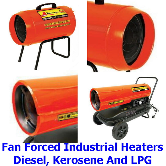 Industrial Heaters Fan Forced Air. A collection of quality Millers Falls diesel, kerosene and LPG fuelled industrial fan forced air heaters for work or play indoors or outdoors.