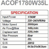 Millers Falls 1780W 2.4HP 35 Litre Oil-Free Air Compressor Low Maintenance Quiet Direct Drive #ACOF1780W35L 15