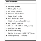 Millers Falls 4000kg 2 Post Hydraulic Vehicle Hoist Clear Floor Span #VP6500D 11